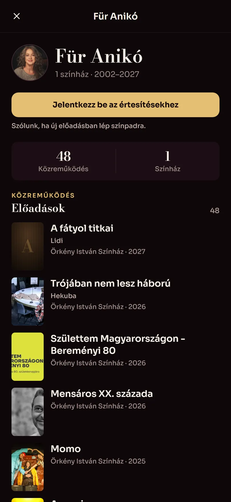Egy alkotó oldala: az előadásai szereppel, évszámmal és színházzal